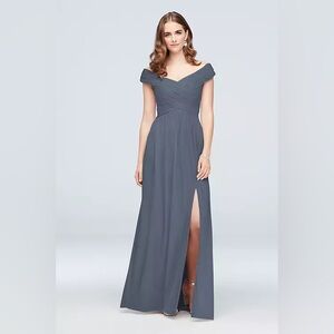David’s Bridal crisscross off-the-shoulder mesh bridesmaid dress in STEEL BLUE